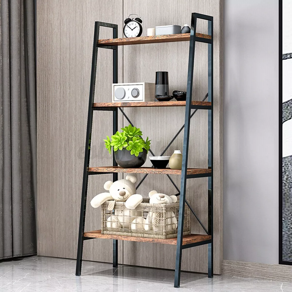 Ladder Shelf Bookshelf 4-Tier Industrial Storage R